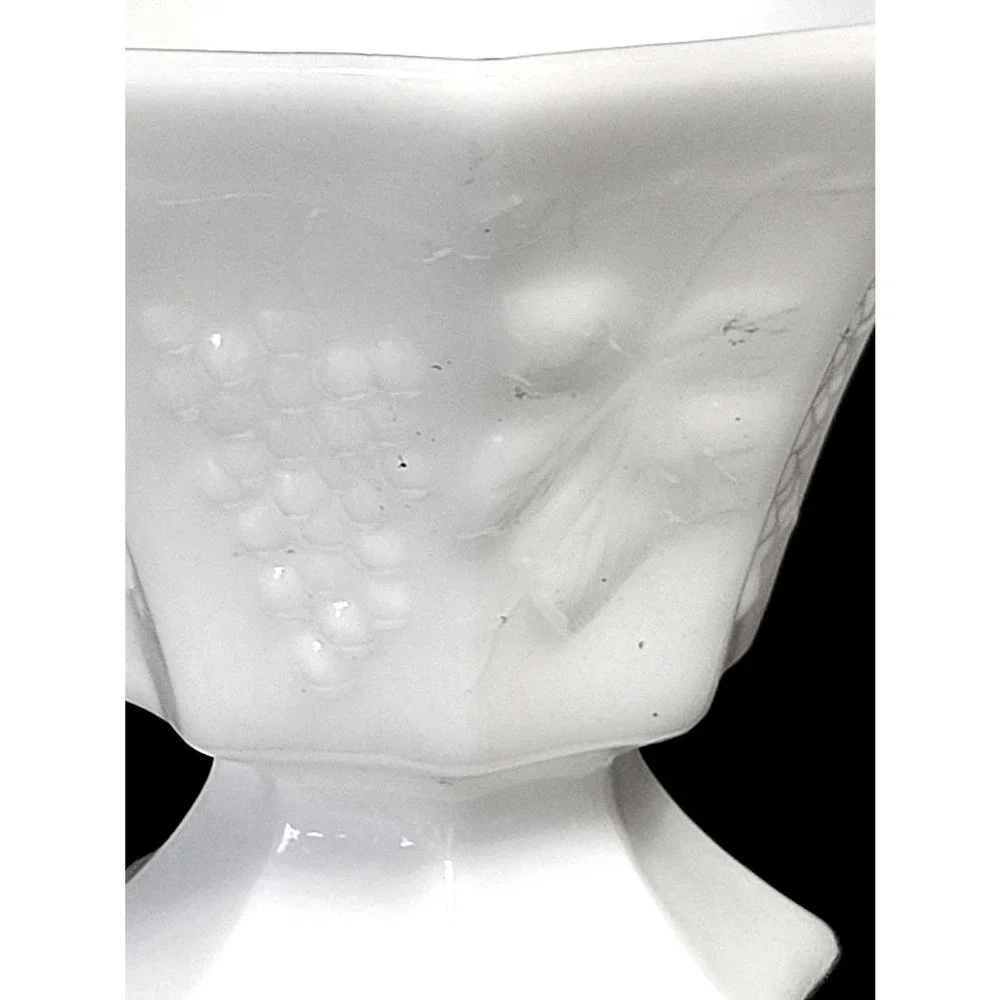 Vintage White Milk Glass Octagonal Footed Bowl Grape Leaf Pattern Pedestal 4.5in